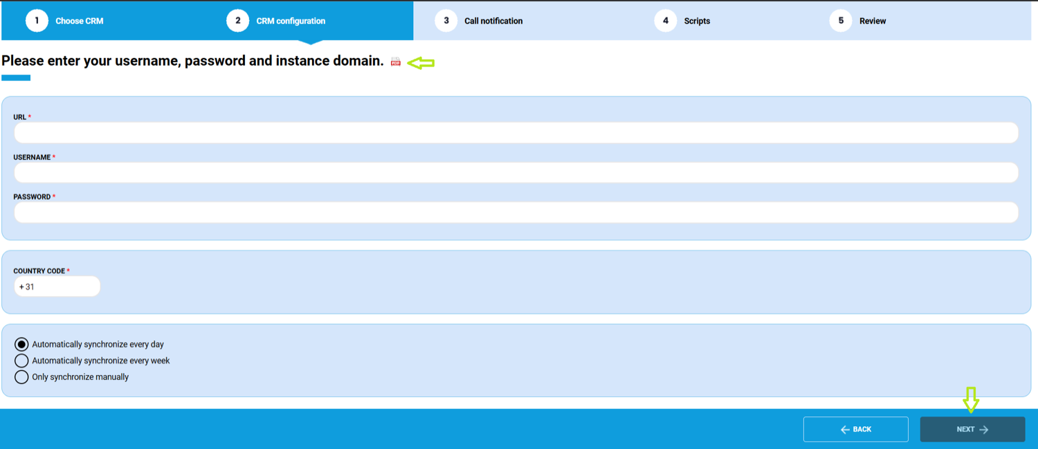 CloudCTI-wizard stap 2 met de velden URL, Username, Password, Country code en de keuze voor synchroniseren