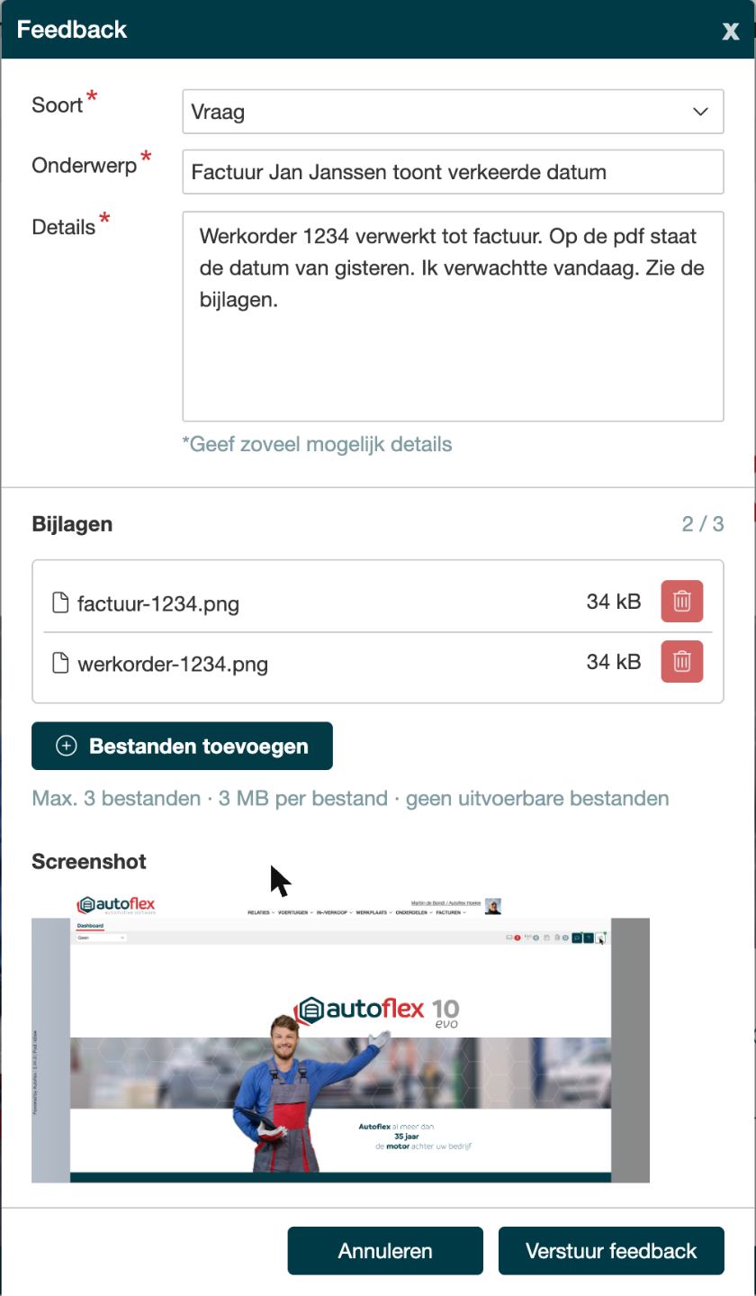 Venster Feedback met Soort, Onderwerp, Details en twee bijlagen, teller 2 van 3