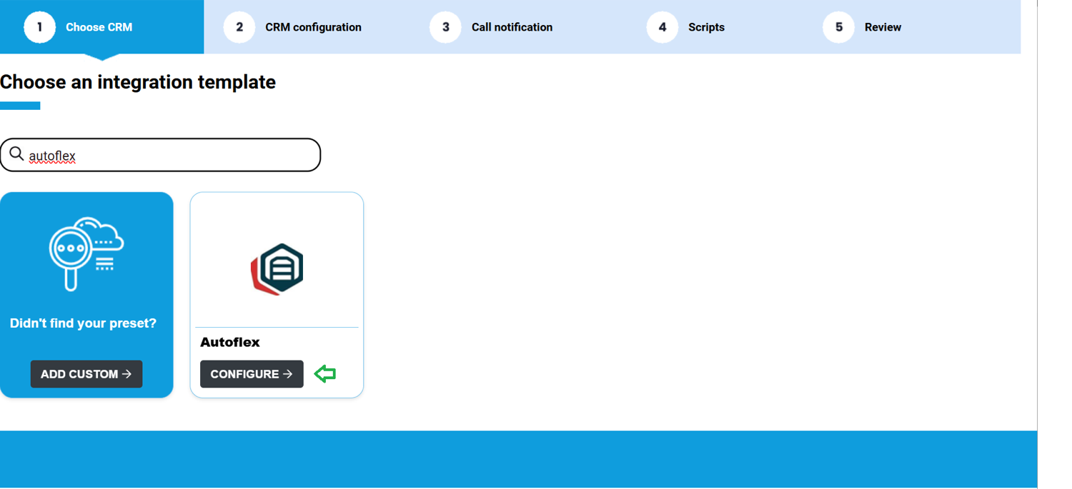 CloudCTI-wizard stap 1 met de zoekterm autoflex en de knop Configure