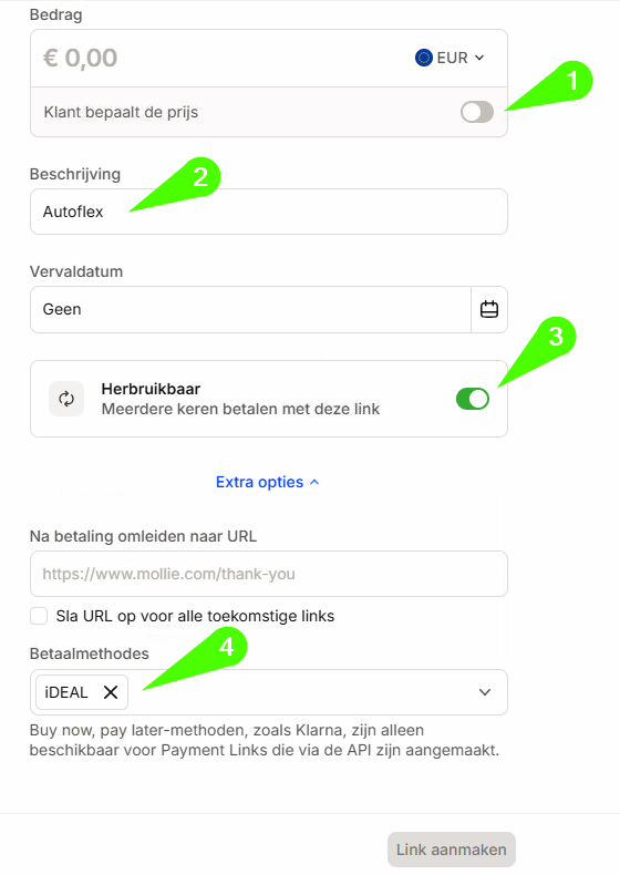 Mollie-scherm Betaallink aanmaken met Klant bepaalt de prijs, Beschrijving, Herbruikbaar en Betaalmethodes