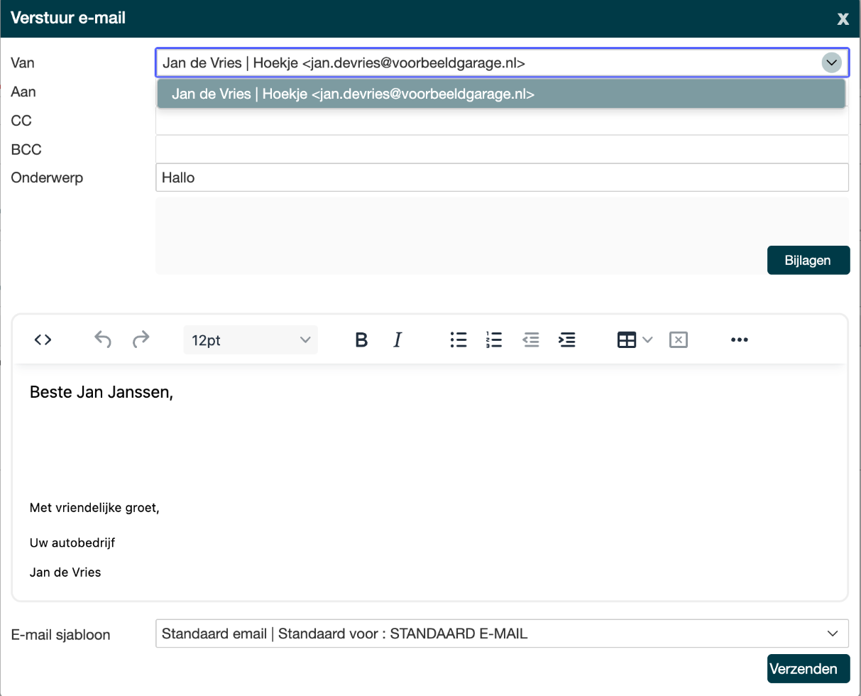 Venster Verstuur e-mail met de keuzelijst Van open